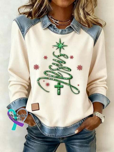 Women’s Casual Faith Christmas Tree Patchwork Denim Sweatshirt White / S