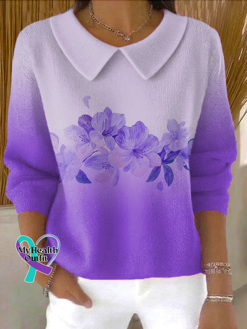Women’s Casual Flora Alzheimer Awareness Peter Pan Collar 3/4 Sleeve Sweater Multicolor / S