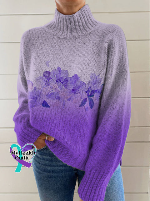 Women’s Casual Flora Alzheimer Awareness Print Knit Turtleneck Pullover Sweater Multicolor / S