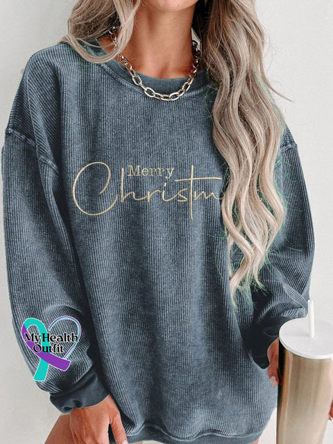 Women’s Casual Gold Merry Christmas Print Corduroy Sweatshirt Blue / S