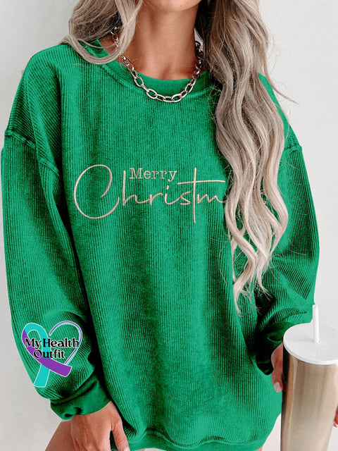 Women’s Casual Gold Merry Christmas Print Corduroy Sweatshirt Green / S