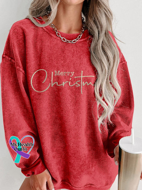 Women’s Casual Gold Merry Christmas Print Corduroy Sweatshirt Red / S