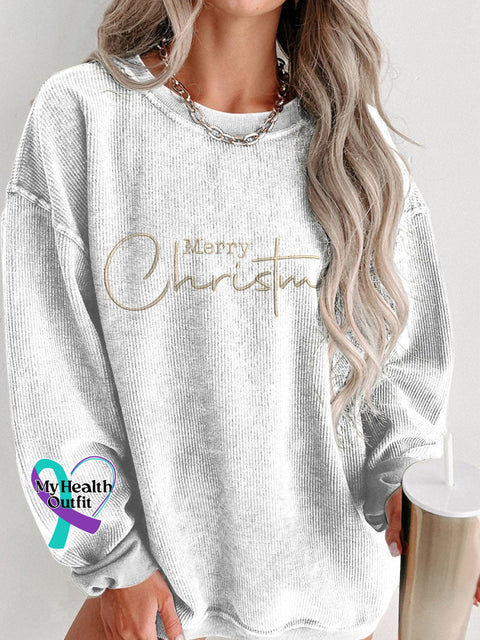 Women’s Casual Gold Merry Christmas Print Corduroy Sweatshirt White / S