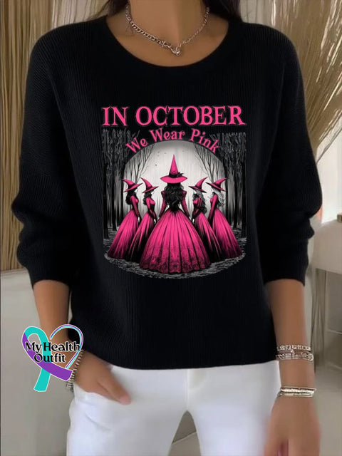 Women’s casual October we wear pink witch long sleeve round neck bottoming shirt Black / S
