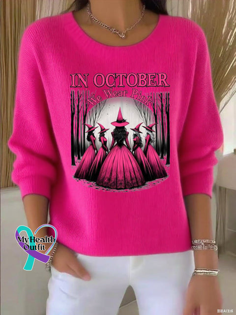 Women’s casual October we wear pink witch long sleeve round neck bottoming shirt Fuchsia / S