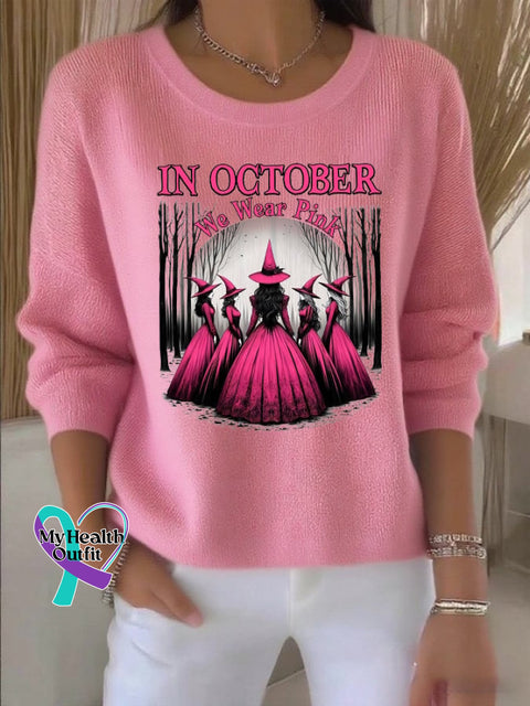 Women’s casual October we wear pink witch long sleeve round neck bottoming shirt Pink / S