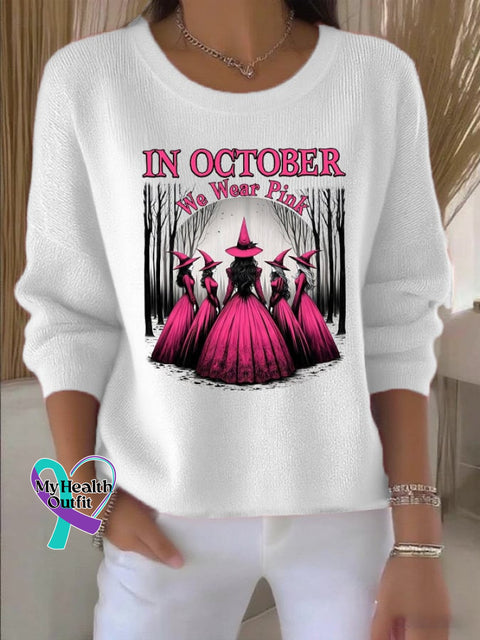 Women’s casual October we wear pink witch long sleeve round neck bottoming shirt White / S