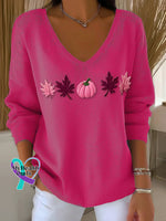 Women’s Casual Pink Maple Leaf Pumpkin Striped Autumn And Winter Bottoming Shirt Fuchsia / S