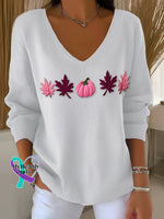 Women’s Casual Pink Maple Leaf Pumpkin Striped Autumn And Winter Bottoming Shirt White / S