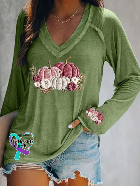 Women’s casual pink pumpkin long-sleeved T-shirt Green / S