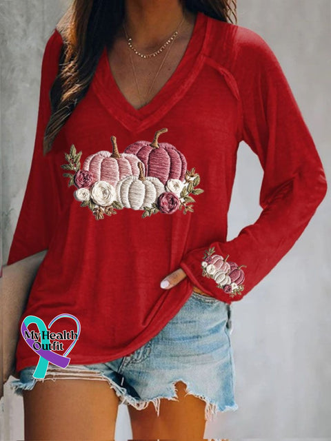 Women’s casual pink pumpkin long-sleeved T-shirt Red / S