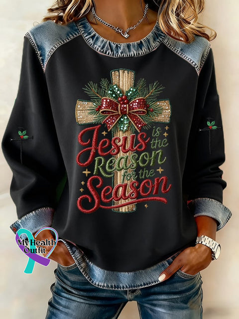 Women’s Casual Retro Christmas Merry Christmas Faith Sweatshirt Black / S