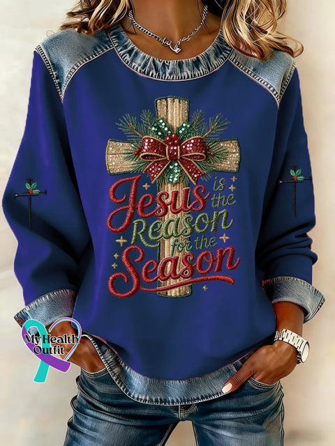 Women’s Casual Retro Christmas Merry Christmas Faith Sweatshirt Blue / S