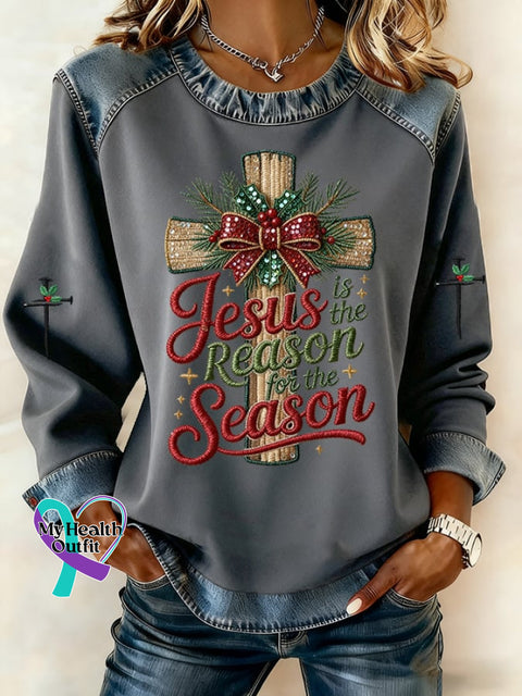 Women’s Casual Retro Christmas Merry Christmas Faith Sweatshirt Grey / S