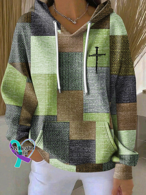 Women’s Casual Retro Contrast Color Block Faith Hoodie Green / S