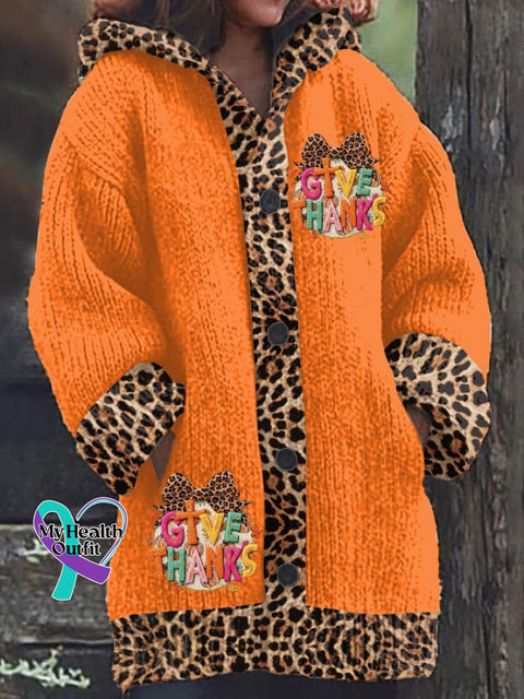 Women’s Casual Thanksgiving Print Knitted Fabric Plush Jacket Orange / S