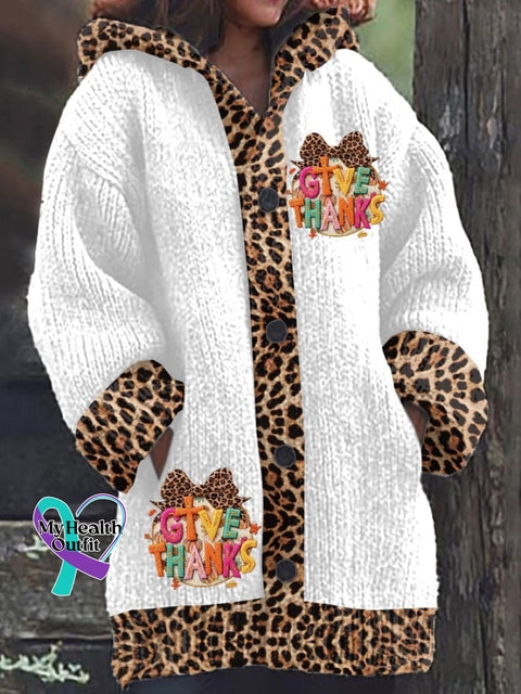 Women’s Casual Thanksgiving Print Knitted Fabric Plush Jacket White / S