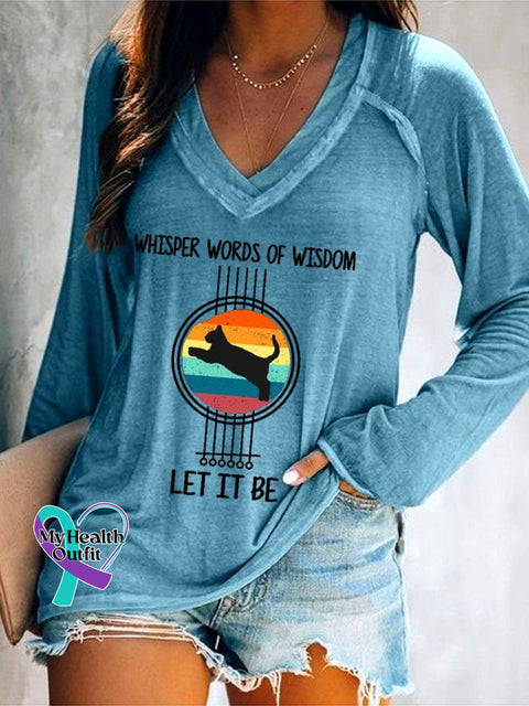 Women’s Cat And Guitar Whisper Words Of Wisdom Let It Be Long Sleeve V-Neck T-Shirt Blue / S