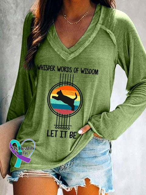 Women’s Cat And Guitar Whisper Words Of Wisdom Let It Be Long Sleeve V-Neck T-Shirt Green / S