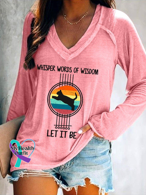 Women’s Cat And Guitar Whisper Words Of Wisdom Let It Be Long Sleeve V-Neck T-Shirt Pink / S