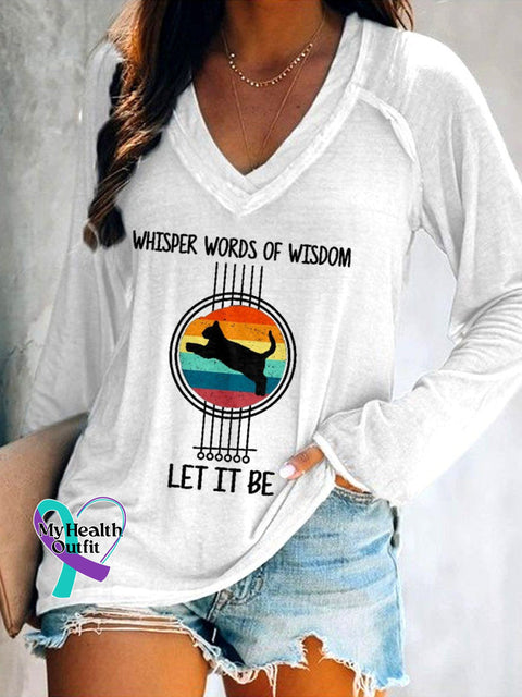 Women’s Cat And Guitar Whisper Words Of Wisdom Let It Be Long Sleeve V-Neck T-Shirt White / S