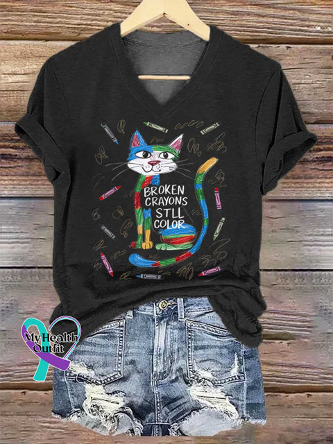 Women’s Cat Broken Crayons Still Color V-neck Casual T-Shirt Black / S