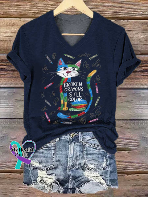 Women’s Cat Broken Crayons Still Color V-neck Casual T-Shirt Blue / S