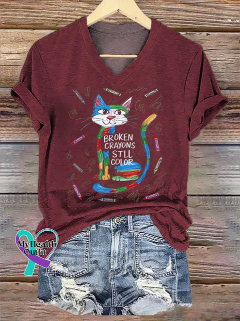 Women’s Cat Broken Crayons Still Color V-neck Casual T-Shirt Red / S