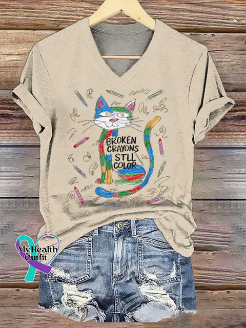 Women’s Cat Broken Crayons Still Color V-neck Casual T-Shirt Sand / S