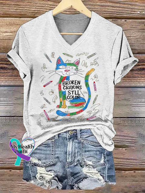 Women’s Cat Broken Crayons Still Color V-neck Casual T-Shirt White / S