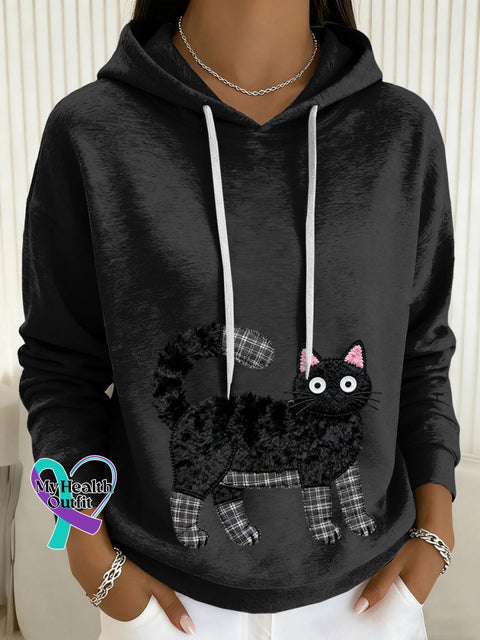 Women’s Cat Drawstring Hoodie Black / S