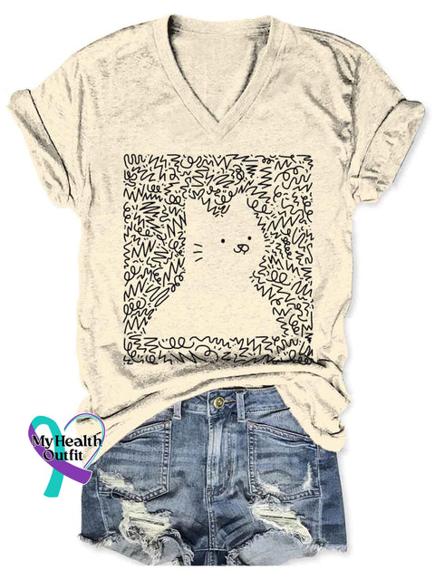 Women’s Cat Funny Art V-neck Casual T-Shirt Apricot / S
