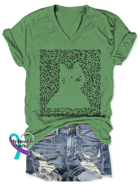 Women’s Cat Funny Art V-neck Casual T-Shirt Green / S