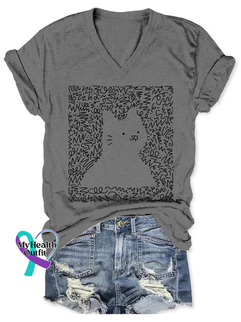 Women’s Cat Funny Art V-neck Casual T-Shirt Grey / S
