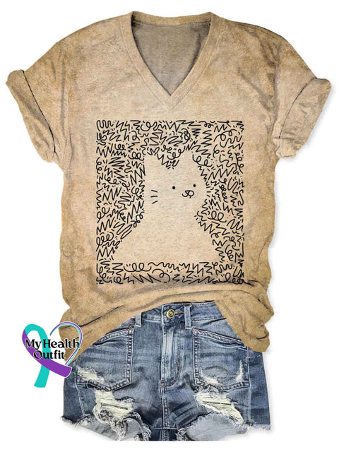Women’s Cat Funny Art V-neck Casual T-Shirt Khaki / S