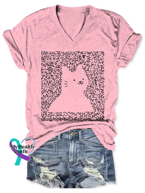 Women’s Cat Funny Art V-neck Casual T-Shirt Pink / S