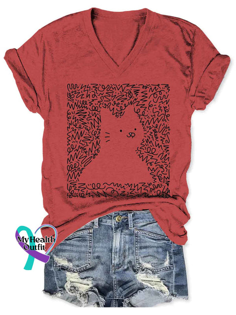 Women’s Cat Funny Art V-neck Casual T-Shirt Red / S