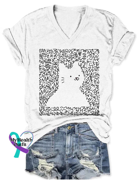 Women’s Cat Funny Art V-neck Casual T-Shirt White / S