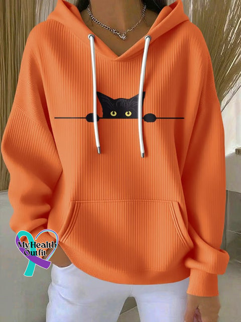 Women’s Cat Print Casual Hoodie Orange / S