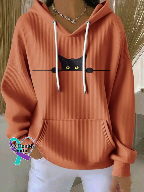 Women’s Cat Print Casual Hoodie Red-Brown / S