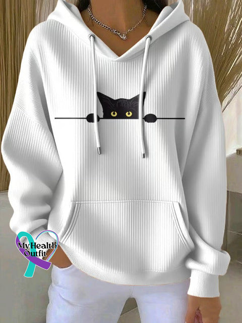 Women’s Cat Print Casual Hoodie White / S