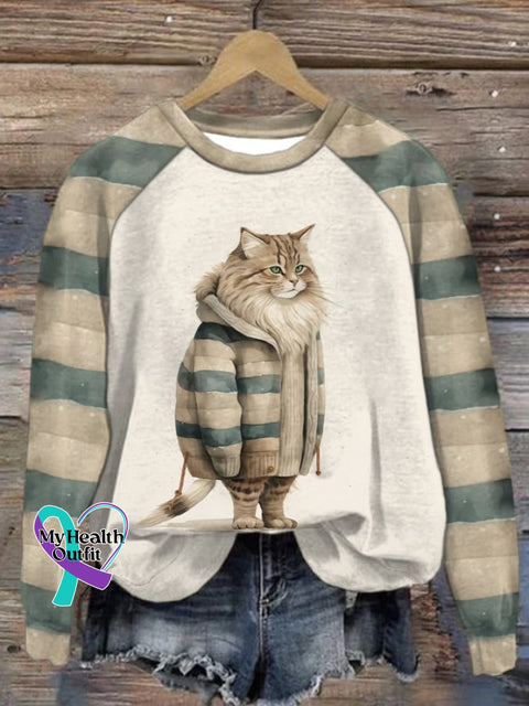 Women’s Cat Print Crew Neck Casual Sweatshirt As Shown / S