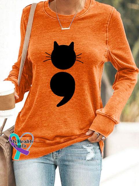 Women’s Cat Print Sweatshirt Orange / S