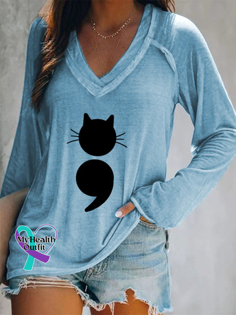 Women’s Cat Print V-Neck Long Sleeve T-Shirt Blue / S