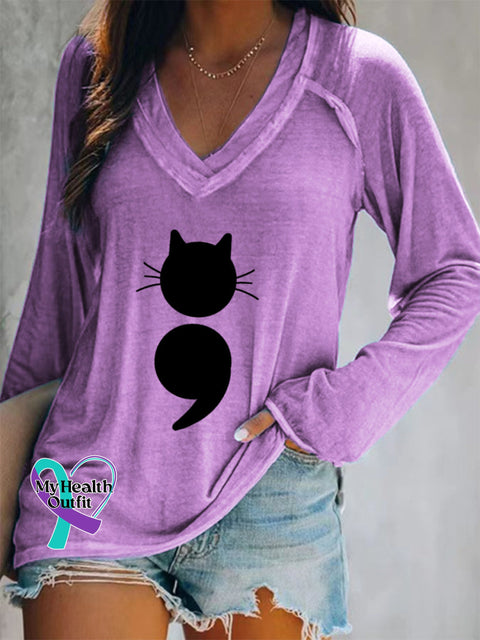 Women’s Cat Print V-Neck Long Sleeve T-Shirt Purple / S