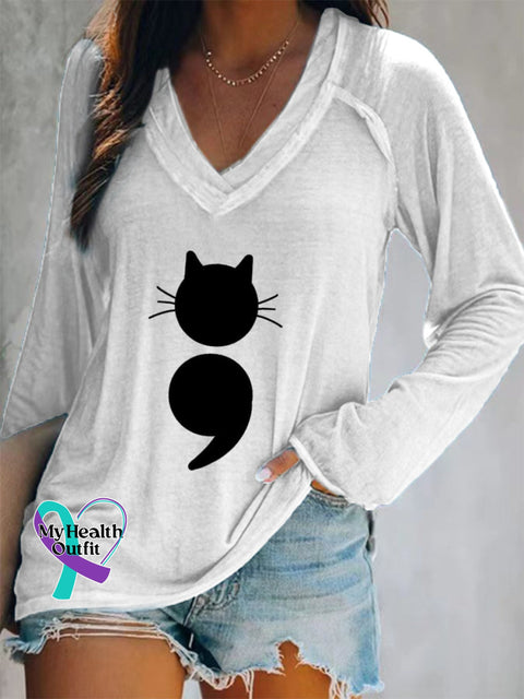 Women’s Cat Print V-Neck Long Sleeve T-Shirt White / S