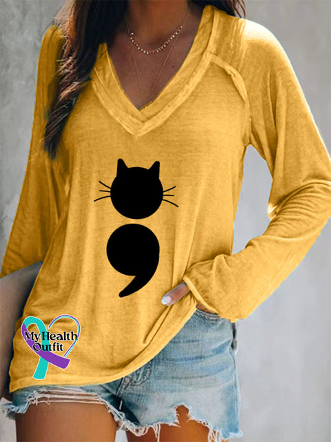 Women’s Cat Print V-Neck Long Sleeve T-Shirt Yellow / S