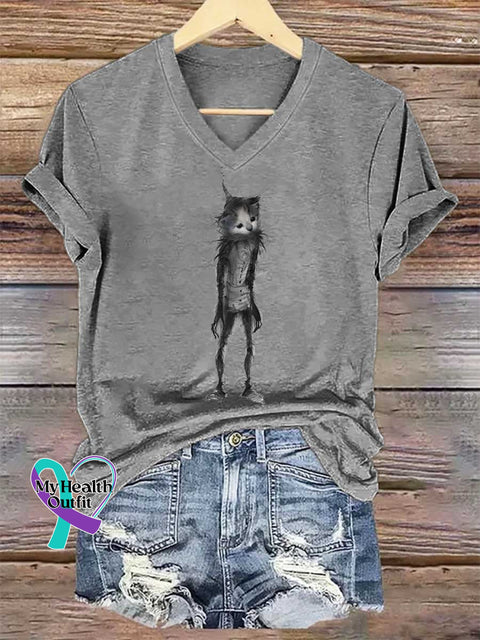 Women’s Cat Sad V-neck Casual T-Shirt Grey / S