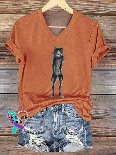 Women’s Cat Sad V-neck Casual T-Shirt Orange / S