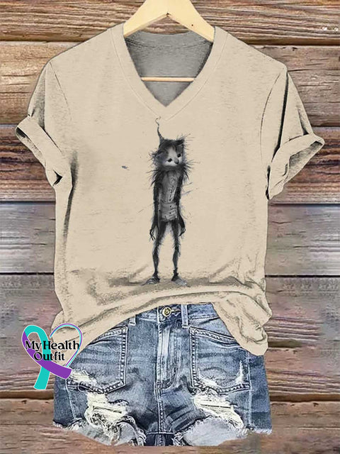 Women’s Cat Sad V-neck Casual T-Shirt Sand / S